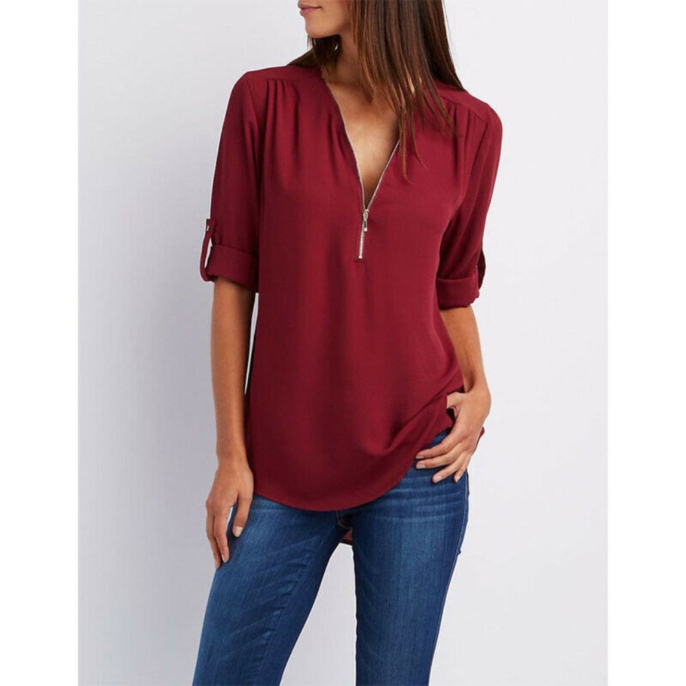 Zipper Loose Casual Blouse Long Sleeve Tops